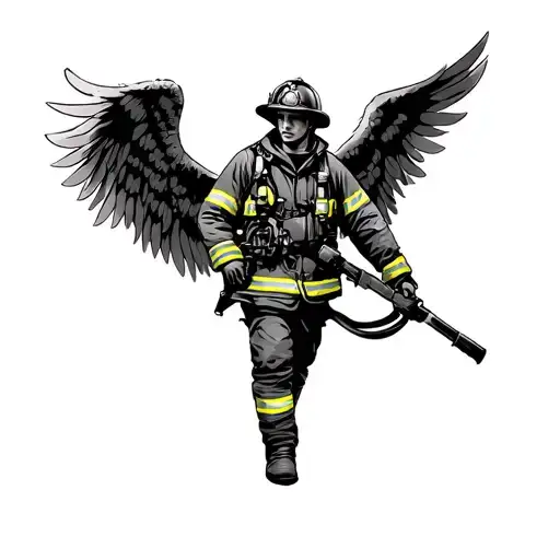 Firefighter with angel wings spread wide tattoo design idea