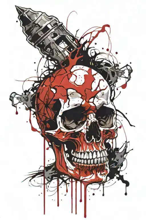 Human Skull and spine, dripping with blood, blood veins out of skull, no jaw. tattoo design idea