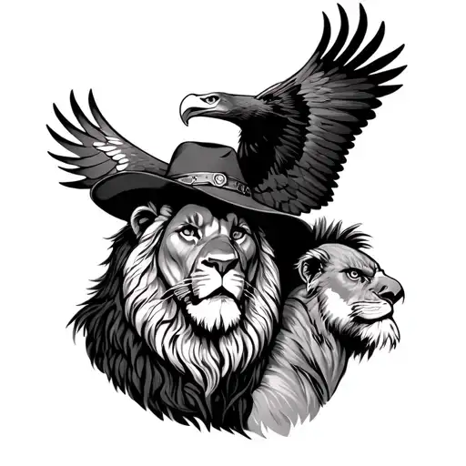 Hank Williams with a lion and a eagle flying tattoo design idea