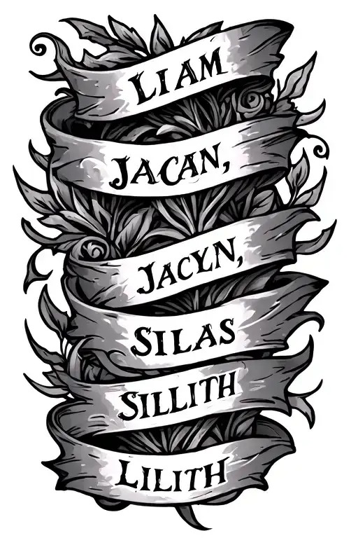 "Liam, Jaclyn, Silas, Lillith" kids names incorporated, medieval fantasy sleeve tattoo tattoo design idea