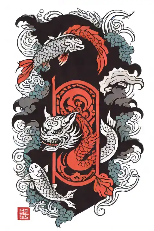sleeve tattoo, asian style, shrine upper arm, oni mask, koi fish under arm, color tattoo design idea