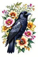 crow surrounded by flowers  tattoo design idea