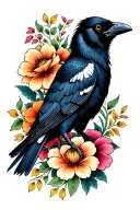 crow surrounded by flowers  tattoo design idea