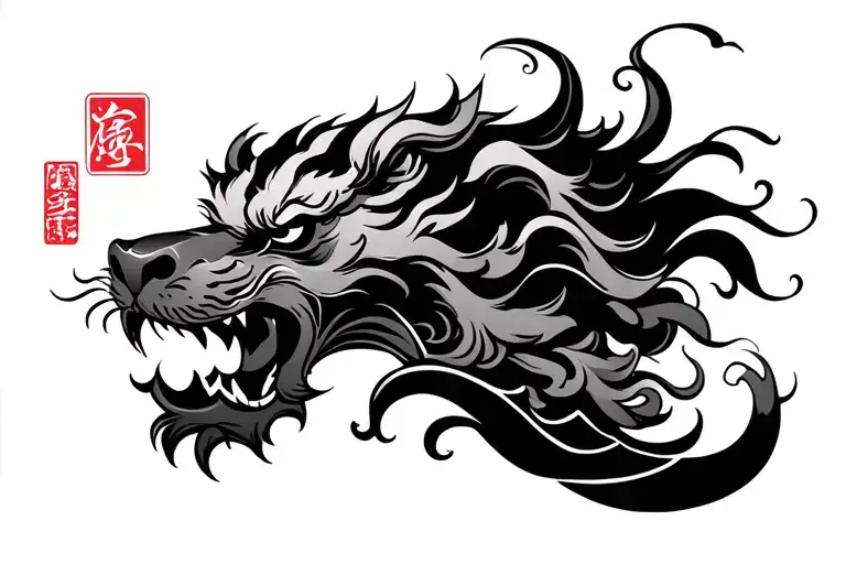 Japanese waves surrounding chinese Guardian lion head tattoo design idea