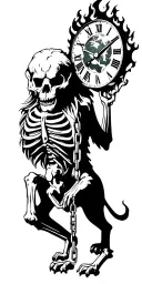 skeleton holding a burning clock with earth as the face of the clock. Lion with a broken chain in its mouth tattoo design idea