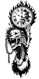 skeleton holding a burning clock with earth as the face of the clock. Lion with a broken chain in its mouth tattoo design idea