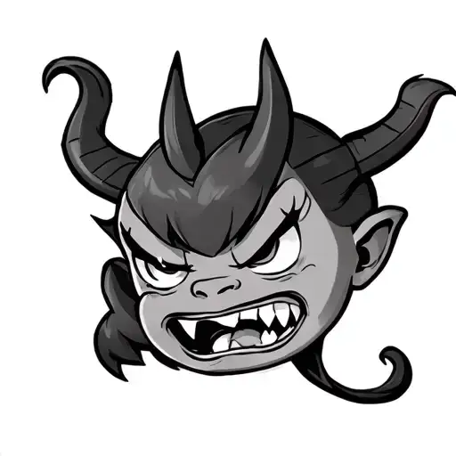 little devil telling a secret into an ear with evil look on face black and gray loonytoons cartoon style new school tattoo design idea
