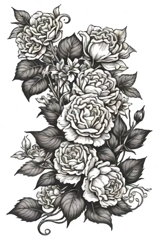 marigold flowers, sweet pea flowes, and basil bouquet  tattoo design idea