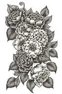 marigold flowers, sweet pea flowes, and basil bouquet  tattoo design idea