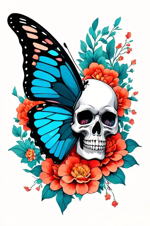 butterfly wings with gothic skull tattoo design idea