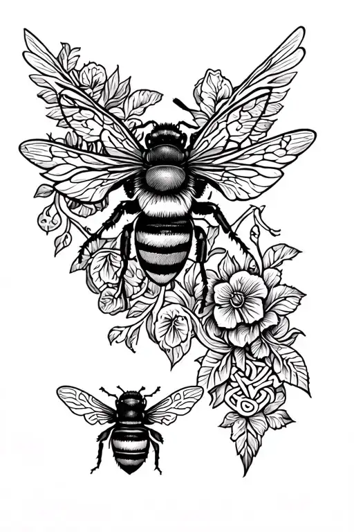 full sleeve tattoo featuring bees, carpentry and celtic elements tattoo design idea