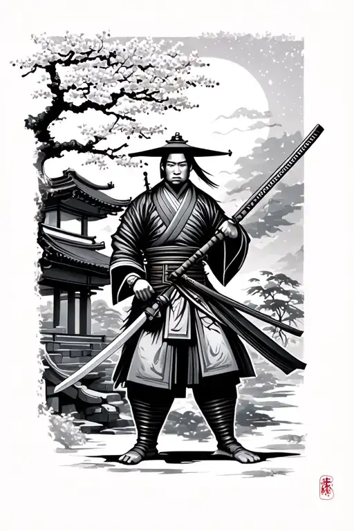 an illustrative piece featuring a Japanese samurai with a katana and a cherry tree and traditional Japanese architecture tattoo design idea