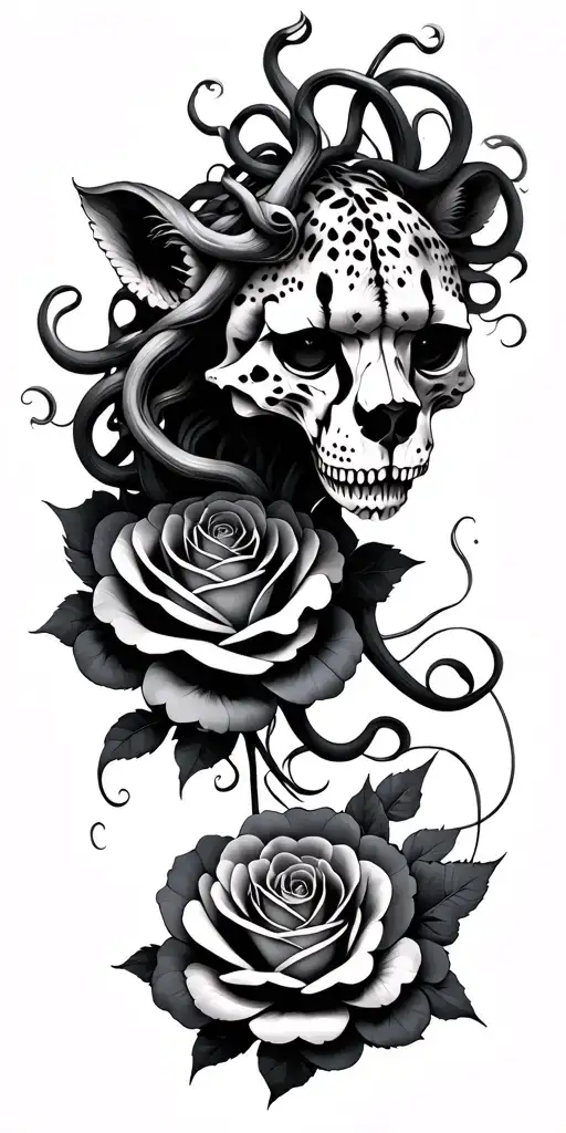 Medusa cheetah skull phonix rose intertwined tattoo design idea