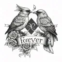 2 birds one of each side one facing upwards one facing downwards with quote cross "forever & always & always & forever" tattoo design idea