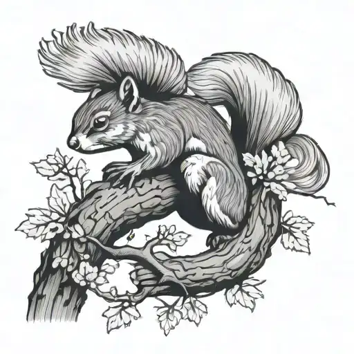 squirel climbing an oak tree branch tattoo design idea