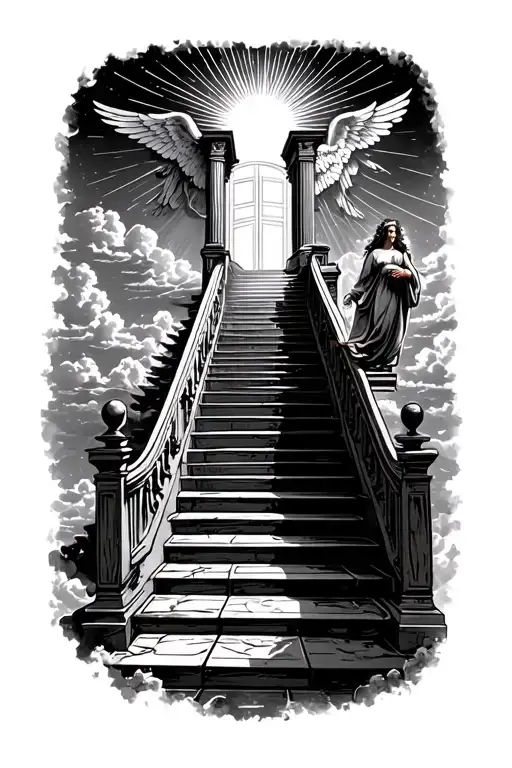 stairway to heaven walking up stairs angels sun rays clouds heaven gate at the top of the stairs  tattoo design idea