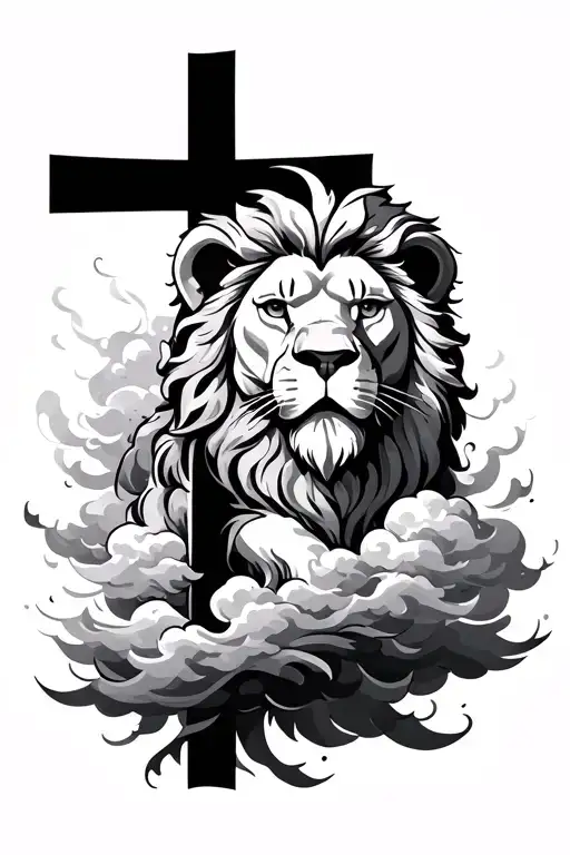 cross and clouds with a lion head tattoo design idea