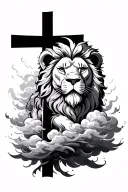 cross and clouds with a lion head tattoo design idea