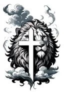 cross and clouds with a lion head tattoo design idea