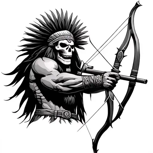 Aztec god of hunting from the waist up holding a bow about to shoot with his skull mask on with desert background cactus tattoo design idea