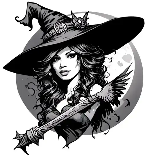 witch hot sexy pointy hat moon behind witch flying tattoo design idea