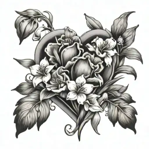 carnation and the snowdrop meet violets, irises, and primroses form heart with date may 18th 2023 in it tattoo design idea
