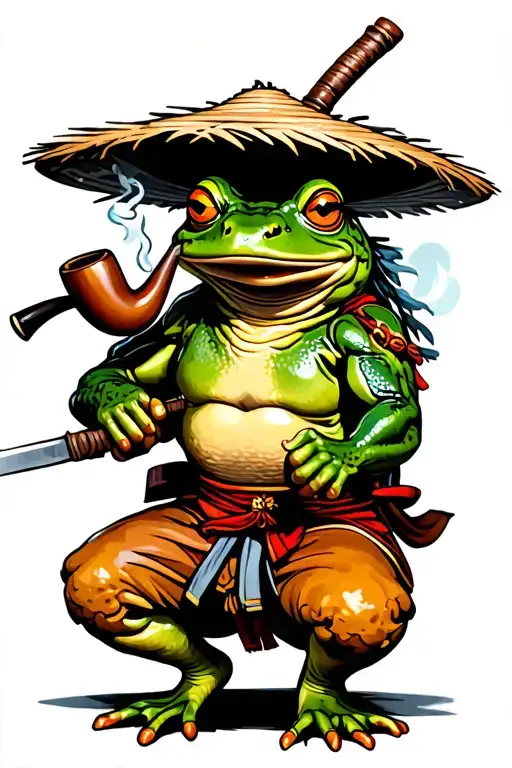 samurai frog wearing straw hat smoking pipe and is in a fighting crouching stance ready to unsheathe samurai sword tattoo design idea