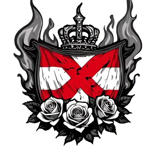  Spanish Tercios flag with the Cross of Burgundy (a red, ragged diagonal cross on a white field), and five roses on fire tattoo design idea