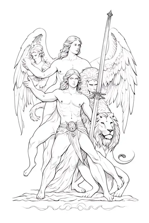 Samson with sword and lion battle with angel and devil women in background  tattoo design idea