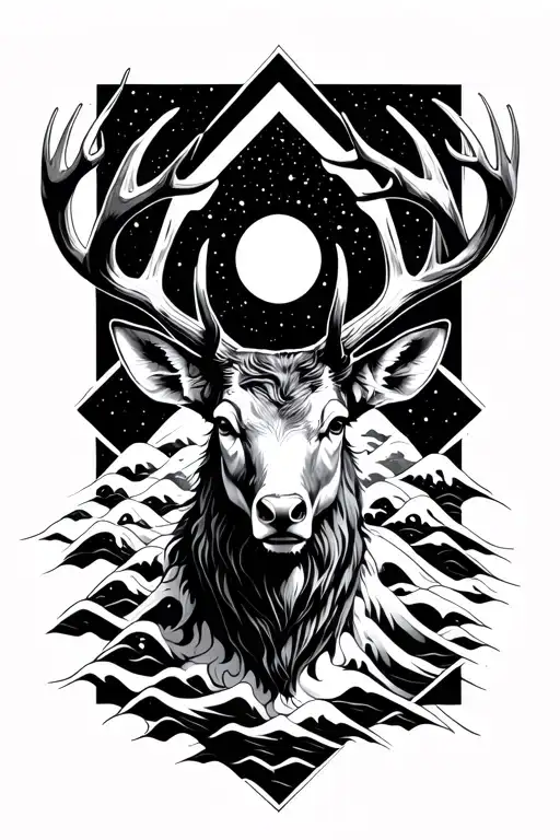 realist front-facing stag god up to waist, anxiety, waves and cosmos elements, geometrical shape above and behind tattoo design idea