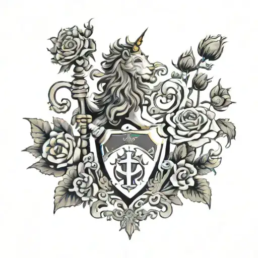 Clan Duncan crest in heraldic style featuring a thistle a rose a unicorn and a lion rampant  tattoo design idea