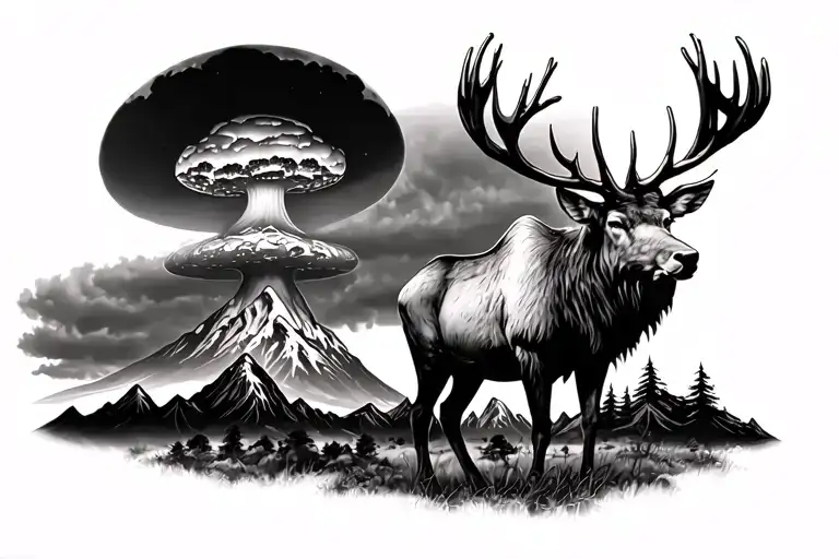 elk with mountains and atomic bomb mushroom cloud background tattoo design idea