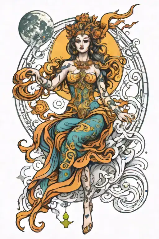 wisdom goddess full body moon rising tattoo design idea