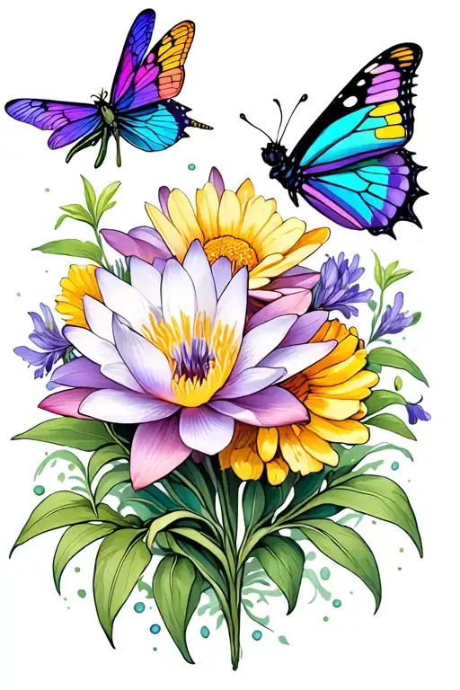 Columbine, water lilly, poppy, larkspur, daffidol, gladiolus, marigolds, dragon flies, butterfly tattoo design idea
