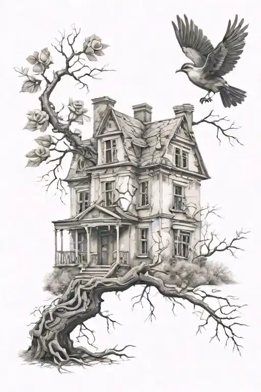 the bird flying away Abandoned Stalin-era house, roses, tree roots tattoo design idea