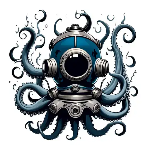 navy diving helmet with tentacles coming out tattoo design idea