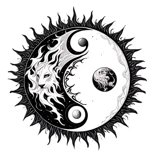  sun & moon, leo & cancer zodiac sign inside Ying yang with fire and water tattoo design idea