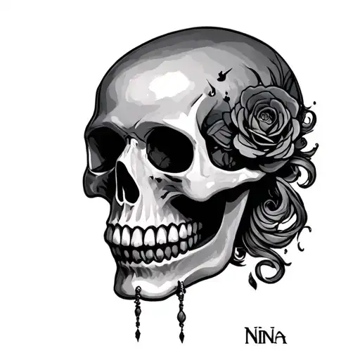 Nina text with skull tattoo design idea