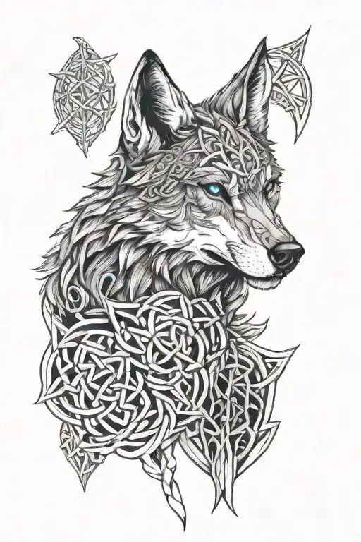 Wolf With Blue Eyes On Armor Featuring Celtic Trinity Knot  tattoo design idea