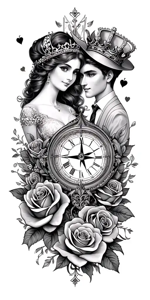 couples portrait, wedding rings, compass, king and queen of hearts cards, roses, clock  tattoo design idea