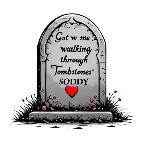 Realistic tombstone with the words “Got me walking through Tombstones”And beneath “SODDY” with a love heart tattoo design idea
