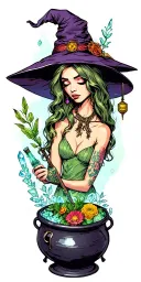 all the 90s and early 2000 witch movies and TV shows hidden in cauldrons, position bottles herbs crystals anything witch tattoo design idea