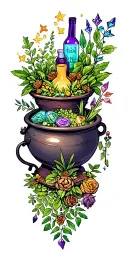 all the 90s and early 2000 witch movies and TV shows hidden in cauldrons, position bottles herbs crystals anything witch tattoo design idea