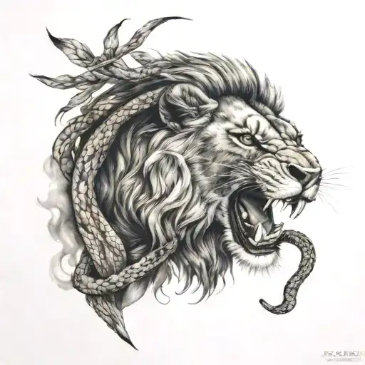 Lion fighting with snake tattoo design idea