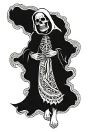 Santa muerte in full robes with text 'every saint has a past every sinner has a future' tattoo design idea