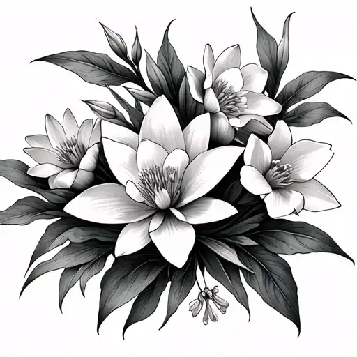 snow drop, water Lilly, larkspur, cosmos, and narcissus flowers intertwined tattoo design idea