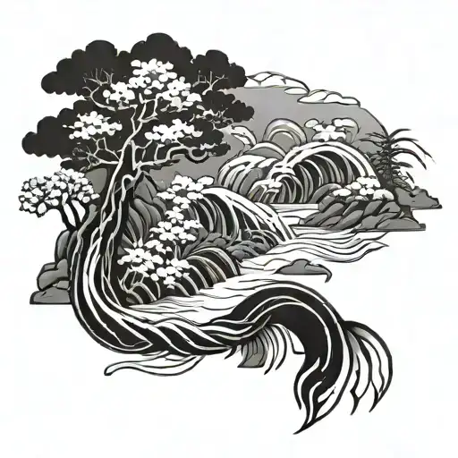 Japanese river flowing lines tattoo design idea