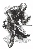 knight standing sideways with hands on sword standing on ground tattoo design idea