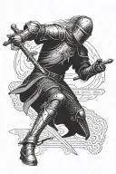 knight standing sideways with hands on sword standing on ground tattoo design idea