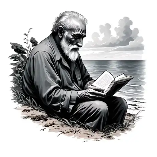 old man reading by the sea  tattoo design idea